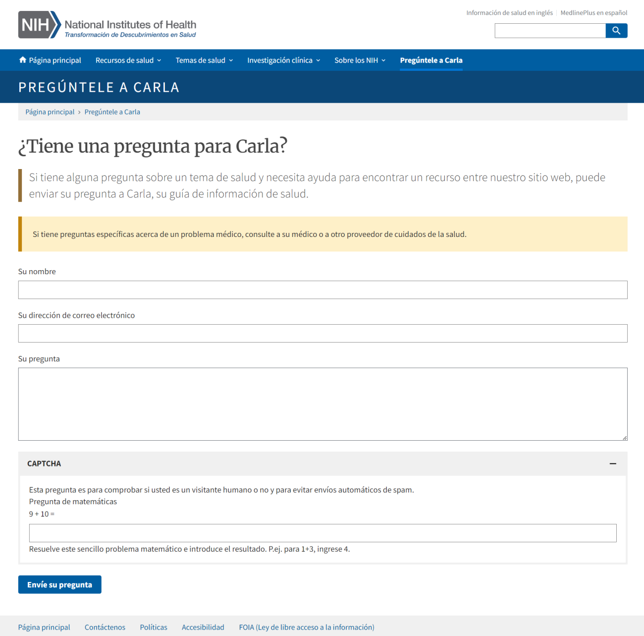Captura de pantalla de la página principal actualizada de Salud