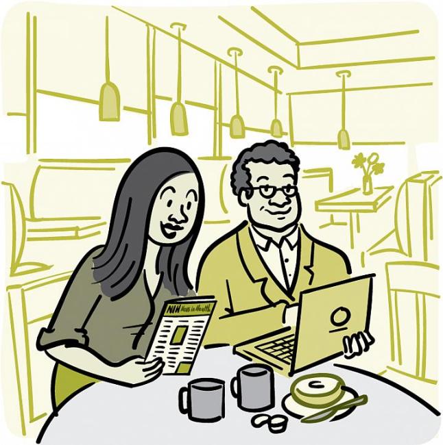 Ilustración de un hombre y una mujer leyendo el boletín NIH News in Health.