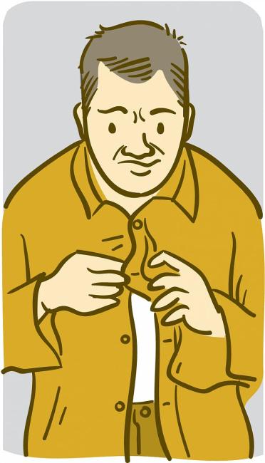 Ilustración de un hombre con dificultades para abotonarse la camisa.