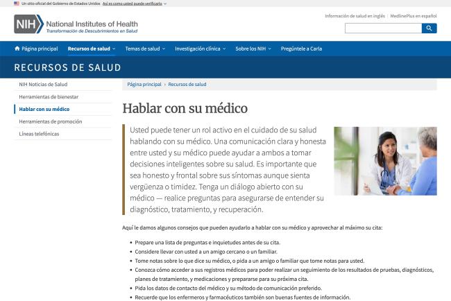 Captura de pantalla de la página web Hablar con su médico o proveedor de atención médica