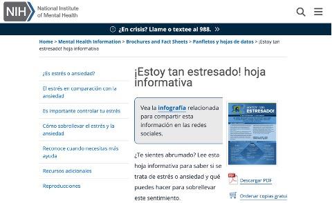 Una imagen muestra una captura de pantalla de la página web titulada “¡Estoy tan estresado! Hoja informativa”.