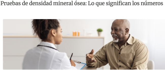 Una captura de pantalla muestra la página web titulada “Pruebas de densidad mineral ósea: lo que significan los números”.