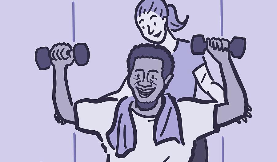 Ilustración de un hombre levantando pesas con un entrenador personal.
