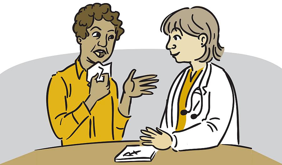 Ilustración de una mujer con un clínex cerca de su cara mientras habla con su médico, quien tiene un talonario de recetas a la mano.
