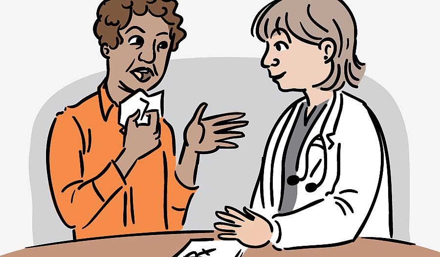 Ilustración de una mujer con un clínex cerca de su cara mientras habla con su médico, quien tiene un talonario de recetas a la mano.