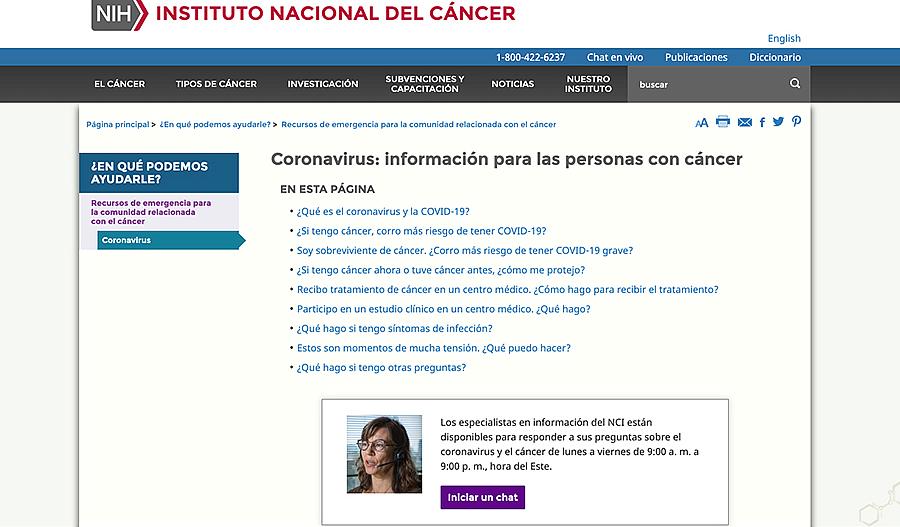 Captura de pantalla del coronavirus: Página web de lo que las personas con cáncer deben saber