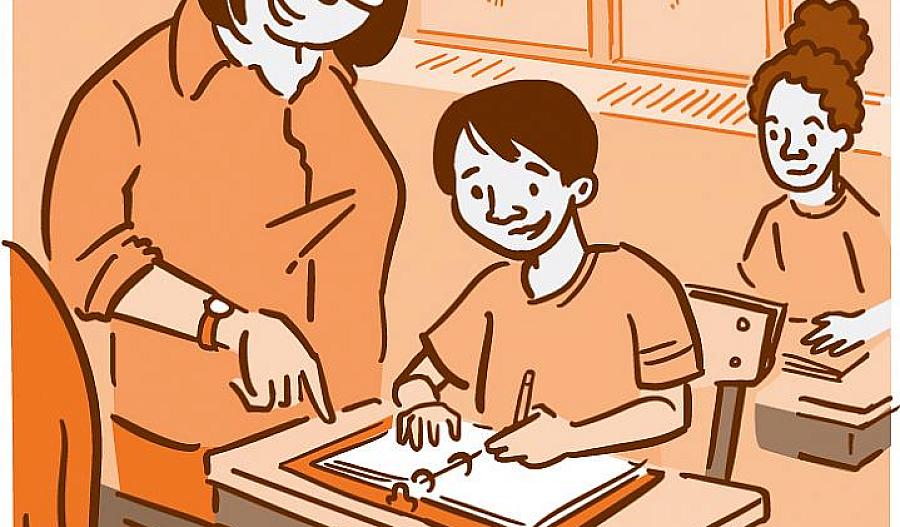 Illustration of a teacher helping young students in a classroom