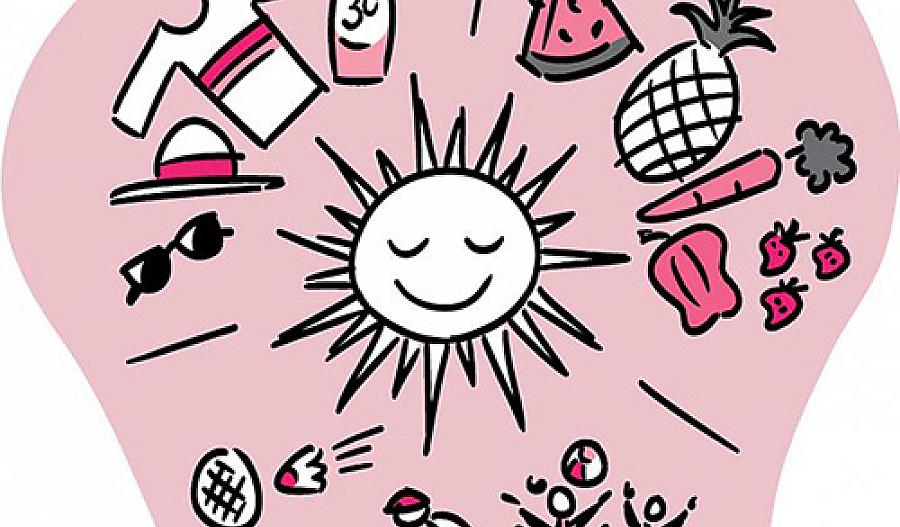 Ilustración del sol rodeado de productos frescos, equipo de protección solar y personas que se divierten al aire libre.