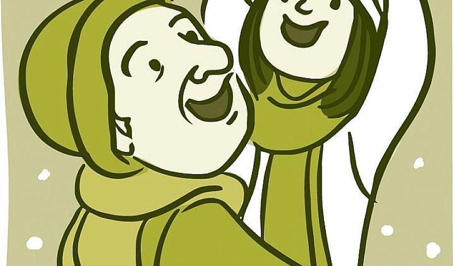 Ilustración de una persona mayor y un niño felices, bien abrigados con ropa invernal un día de nieve.