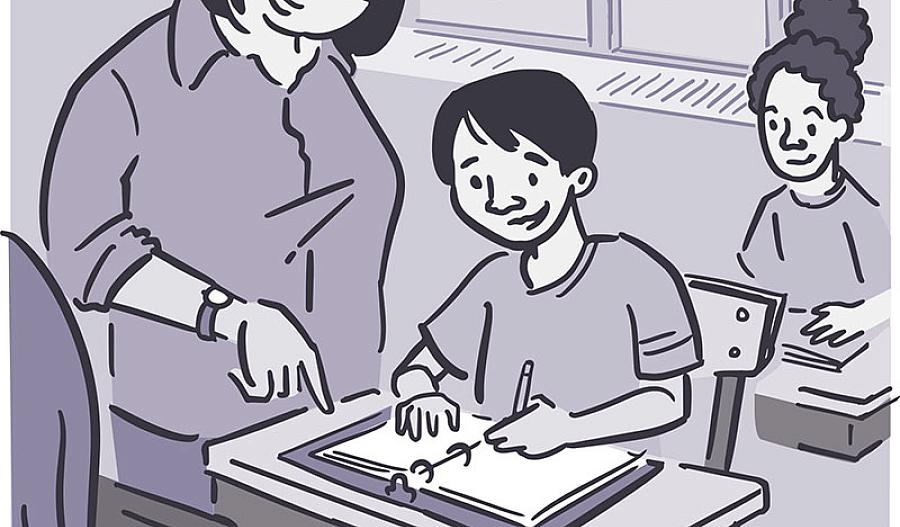 Ilustración de un maestro ayudando a estudiantes pequeños en un salón de clase.