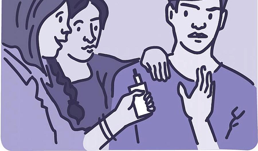 Ilustración de un adolescente diciendo que no a sus amigos que están ofreciéndole un cigarrillo electrónico