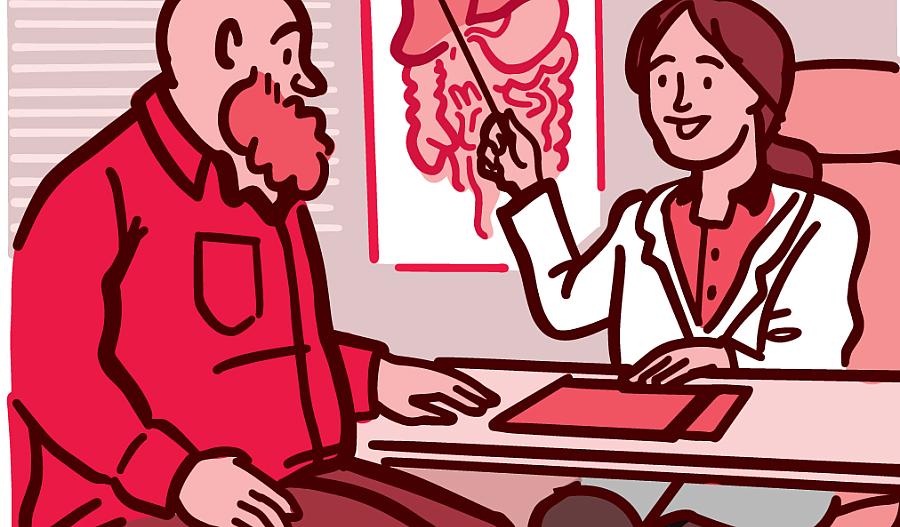 Ilustración de un médico que muestra a un paciente un diagrama del hígado