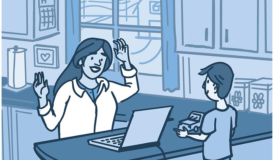 Ilustración de una mujer en una videollamada en una laptop, mientras su hijo juega en la cocina