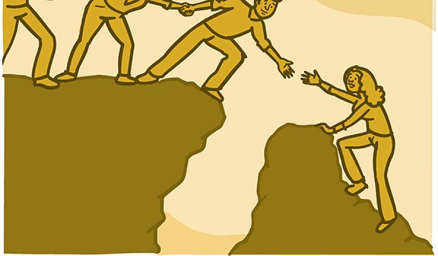 Ilustración de un grupo de personas ayudando a otra en la grieta de una montaña