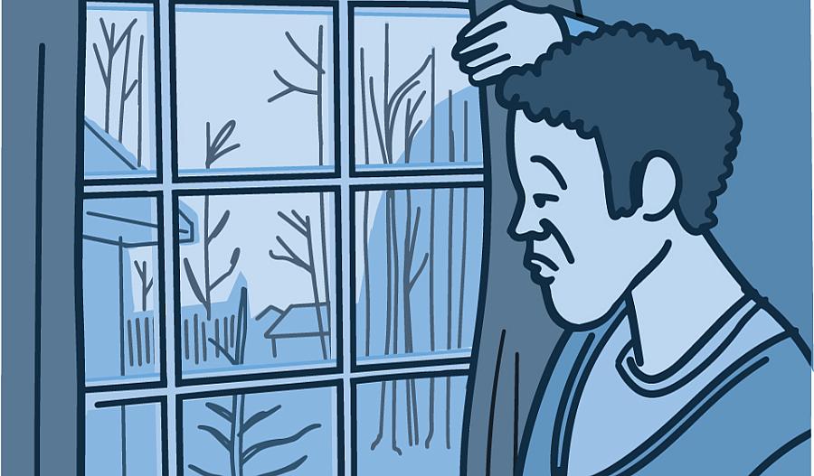 Una ilustración de un hombre de aspecto triste y mirando por la ventana.