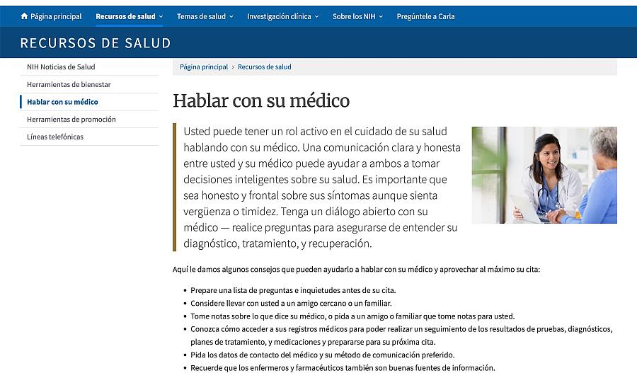 Captura de pantalla de la página web Hablar con su médico o proveedor de atención médica