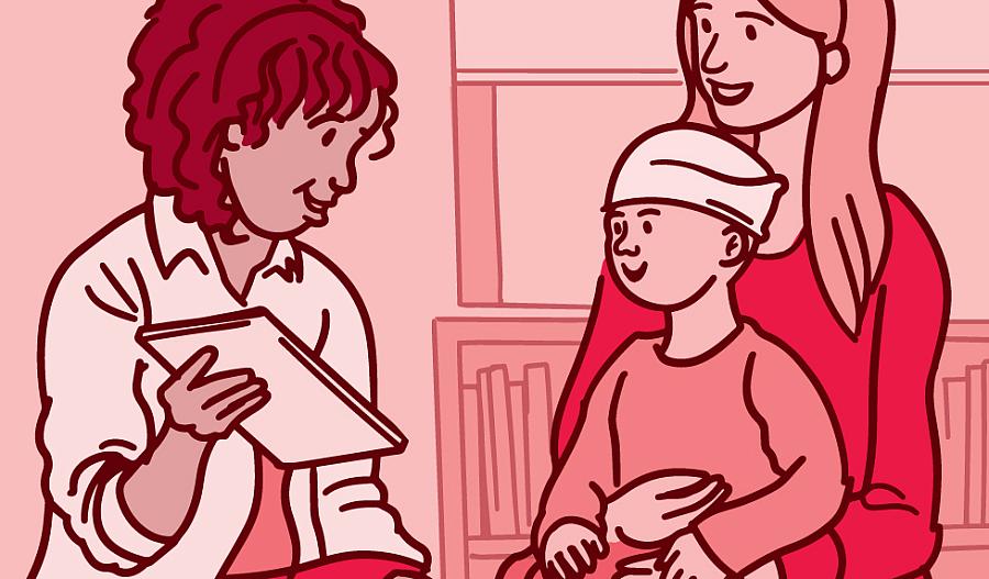 Una ilustración de un niño con cáncer sentado en el regazo de su madre, mientras ella habla con el médico.