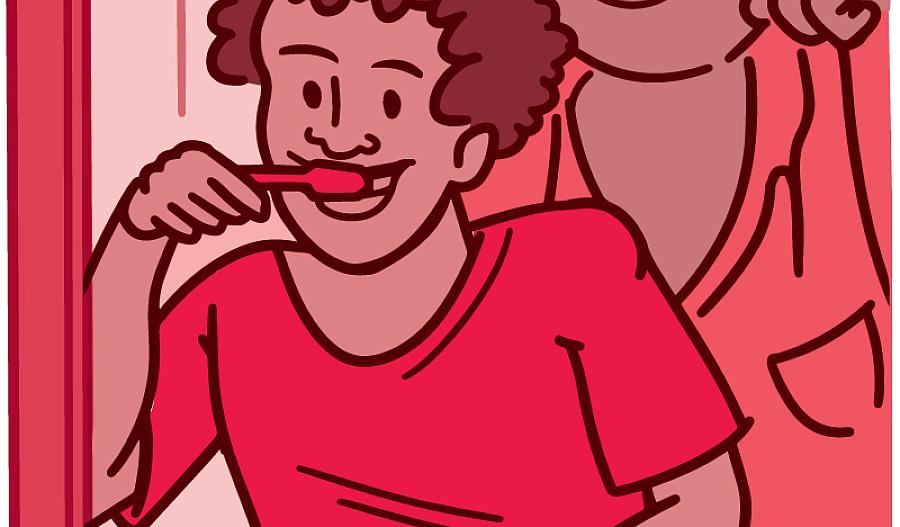 Ilustración de un padre y su hijo cepillándose los dientes juntos frente al espejo del baño.
