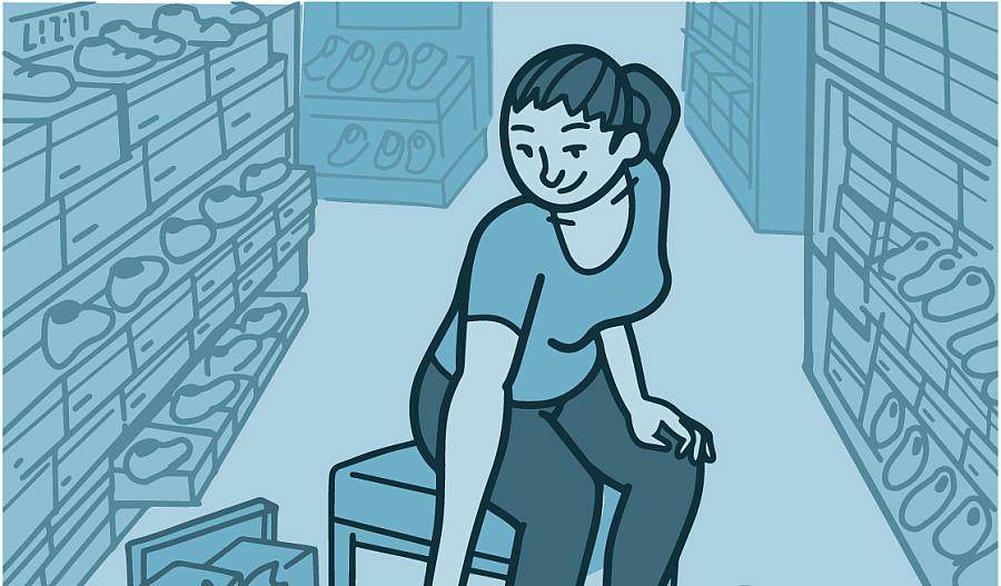 Una ilustración de una mujer en una zapatería probándose zapatos