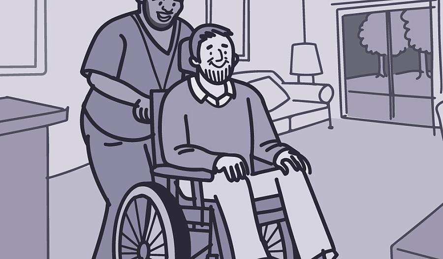 Imagen de un trabajador de salud que empuja a una persona con ELA en una silla de ruedas.