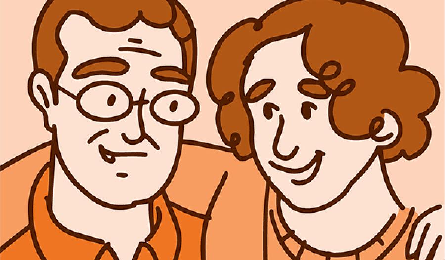 Ilustración de una mujer con su brazo alrededor de un hombre de mediana edad