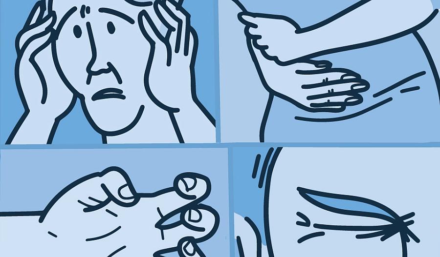 Ilustración de cuatro paneles que muestran diferentes usos del bótox: arriba a la izquierda, dolor de cabeza; arriba a la derecha, dolor de estómago; abajo a la izquierda, dedos de la mano doblados; abajo a la derecha, arrugas en los ojos.