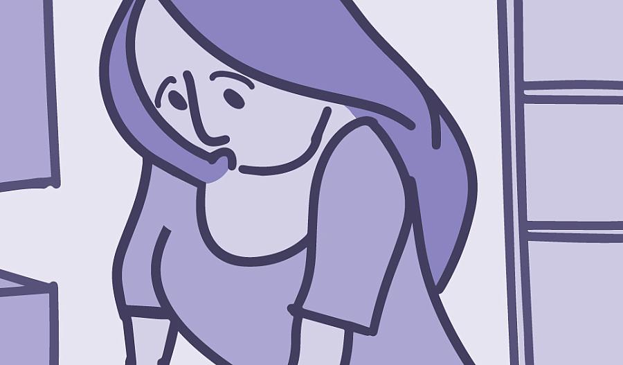 Ilustración de una mujer agarrando el respaldo de una silla mientras tiene problemas para respirar