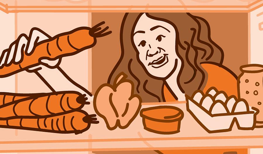 Ilustración de una mujer sacando una zanahoria del refrigerador.