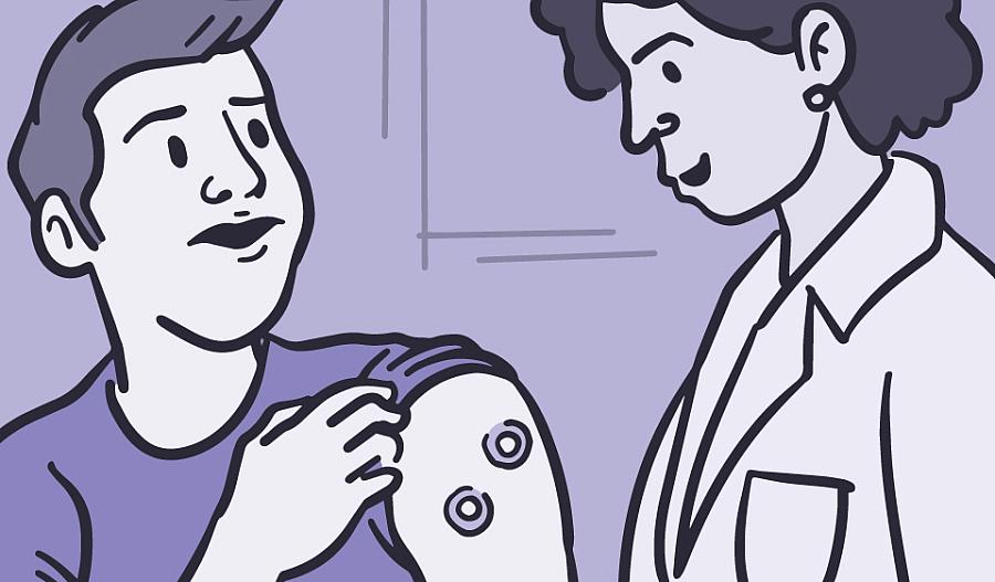 Ilustración de un hombre que muestra a un médico una infección provocada por hongos.