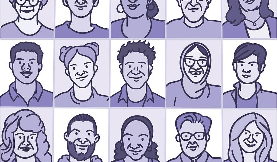 Imagen compuesta de muchas fotos pequeñas de los rostros de personas de diferentes razas, edades y géneros.