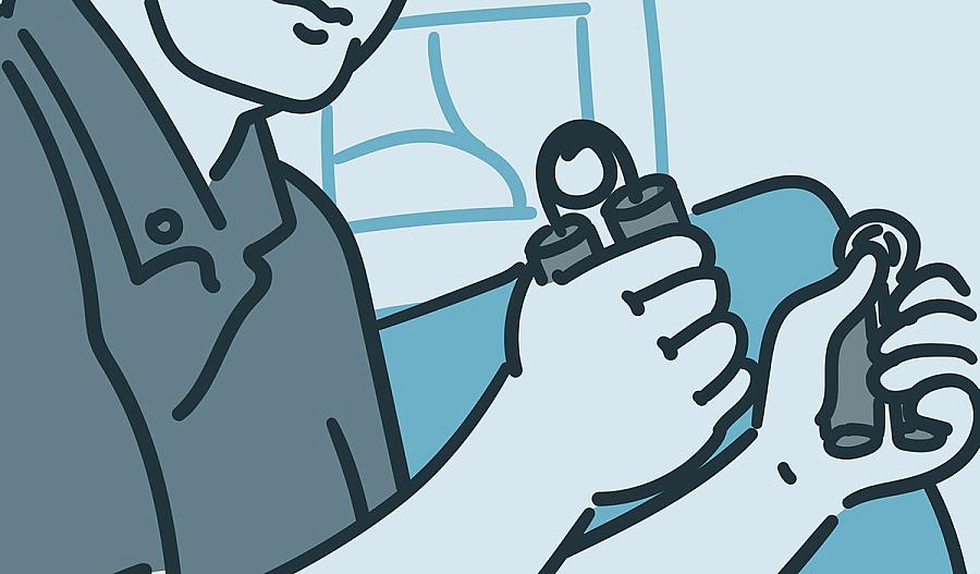Una ilustración muestra a un hombre usando ejercitadores de manos para fortalecerlas.