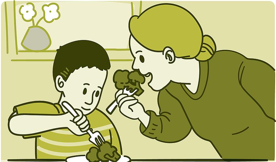Ilustración de una madre comiendo brócoli con su hijo pequeño.
