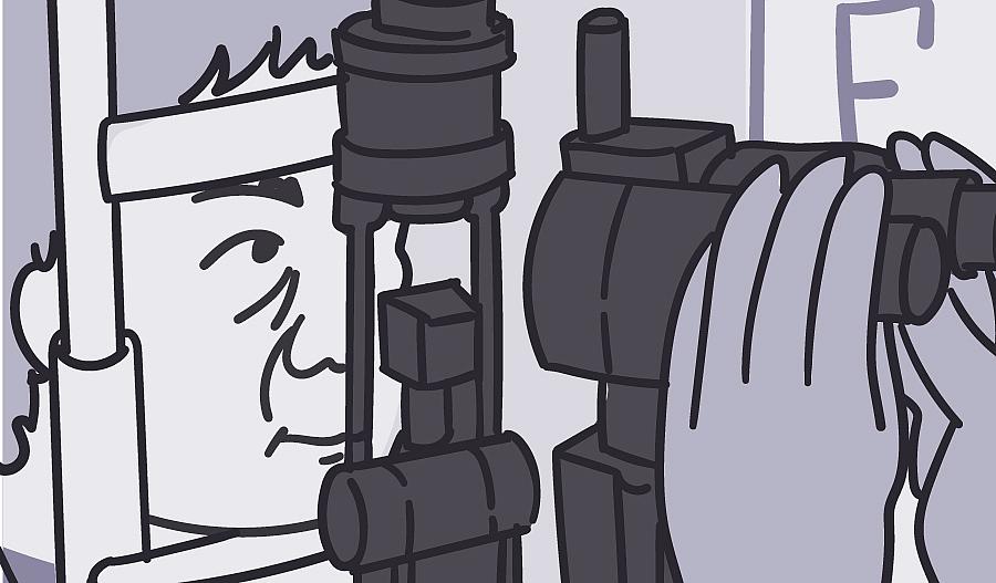 Ilustración de un oculista realizando un examen ocular a un hombre.