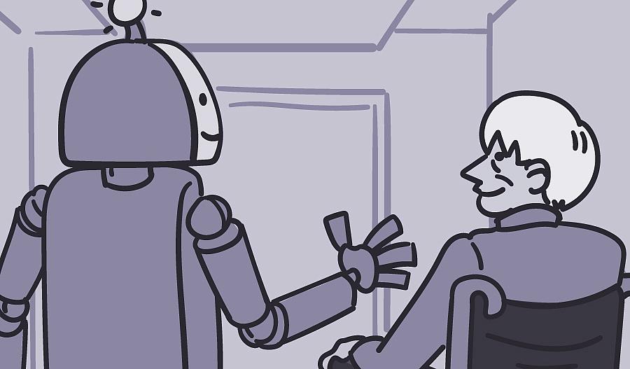 Una ilustración muestra a un robot sonriendo, junto a un hombre mayor en una silla de ruedas, quien también está sonriendo.