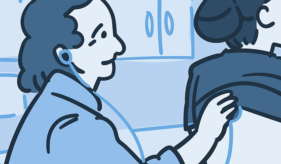 Ilustración de una doctora escuchando los pulmones de una persona, usando un estetoscopio.